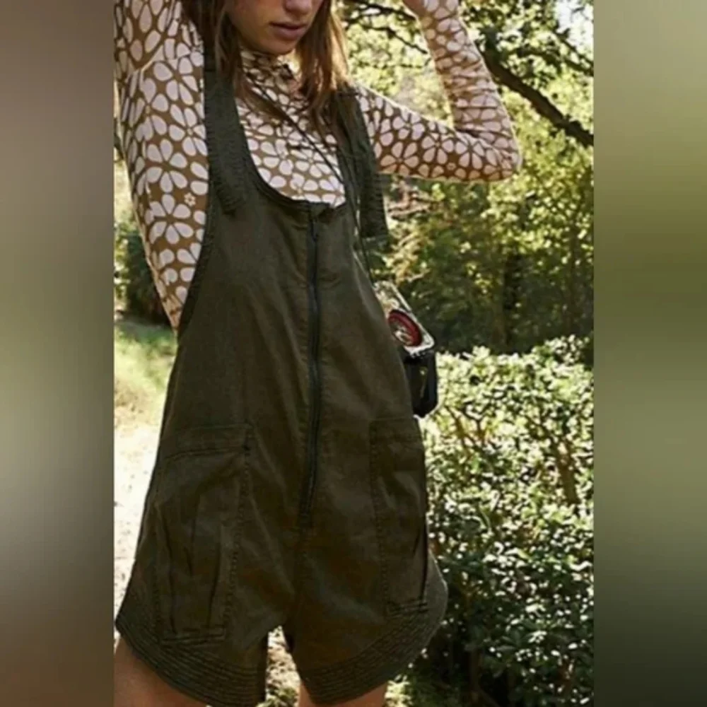 New Free People FP Movemwnt Fast Track Shortsie M Romper Short Jumper Khaki BNWT